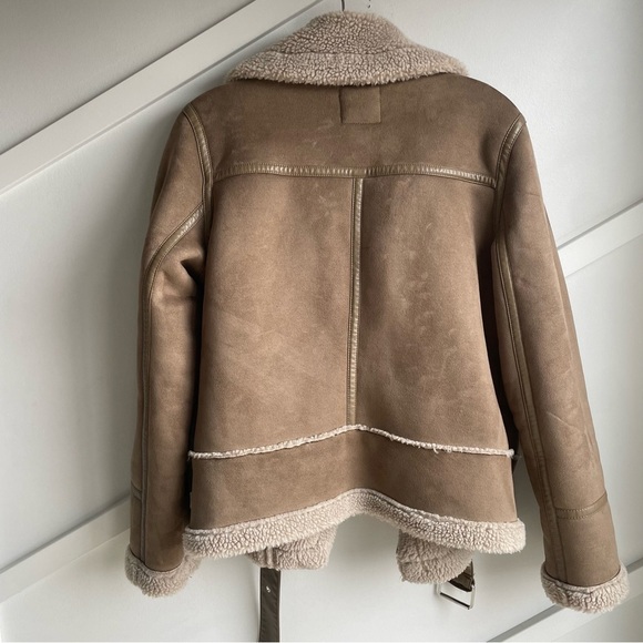 Zara trendy tan beige aviator faux suede Sherpa shearling moto jacket size S - Picture 11 of 15